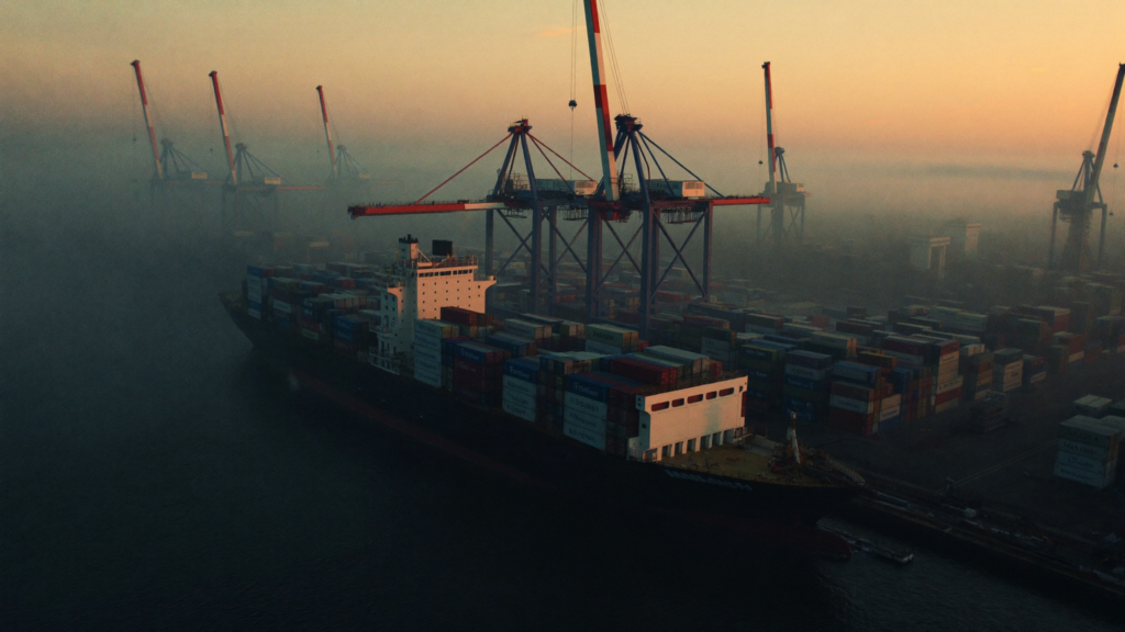 Aerial view of an international container port at dawn, evoking foreign direct investment and global trade.